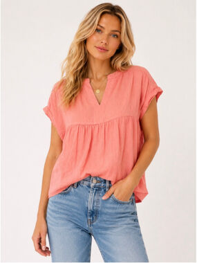 Splendid Coral Linen Blouse V Neck Cap Sleeve Coastal Boho Relaxed XL Beach Chic